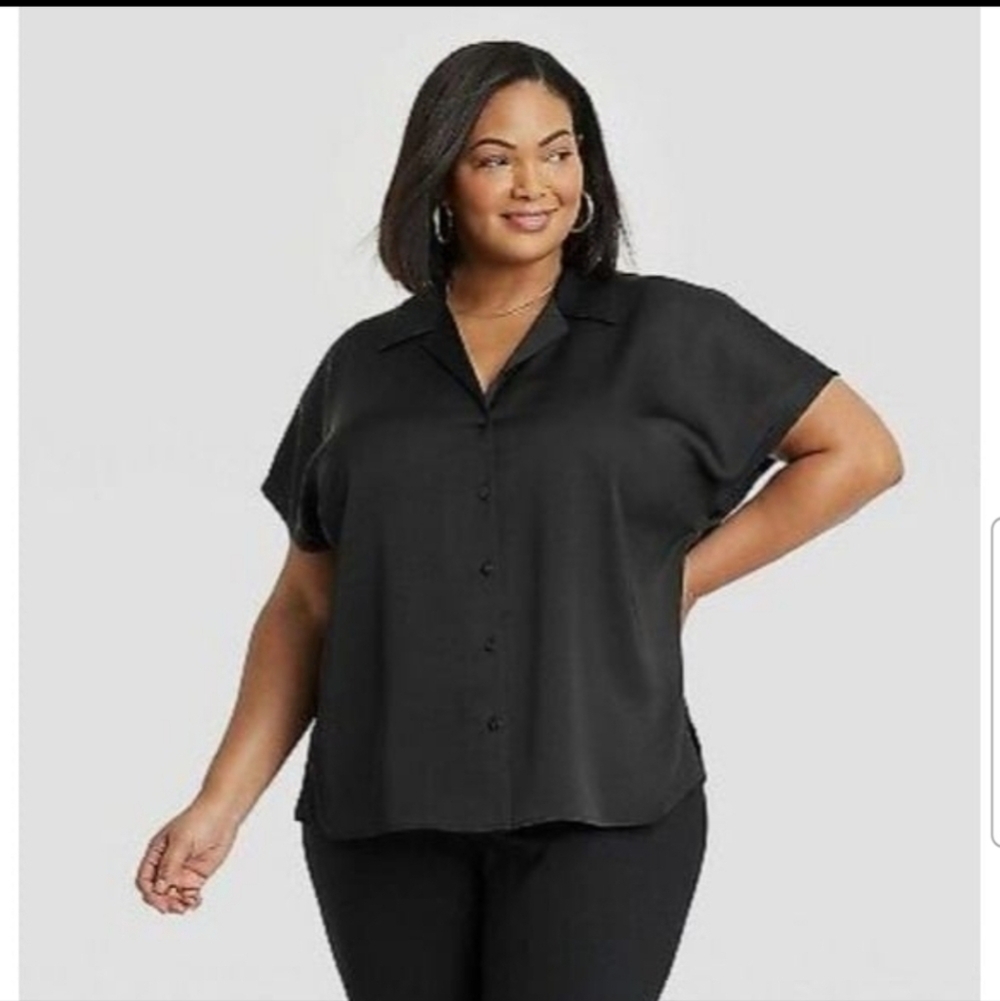 Ava & Viv Women's Satin Short Sleeve Button-Front Shirt Black - Picture 2 of 12